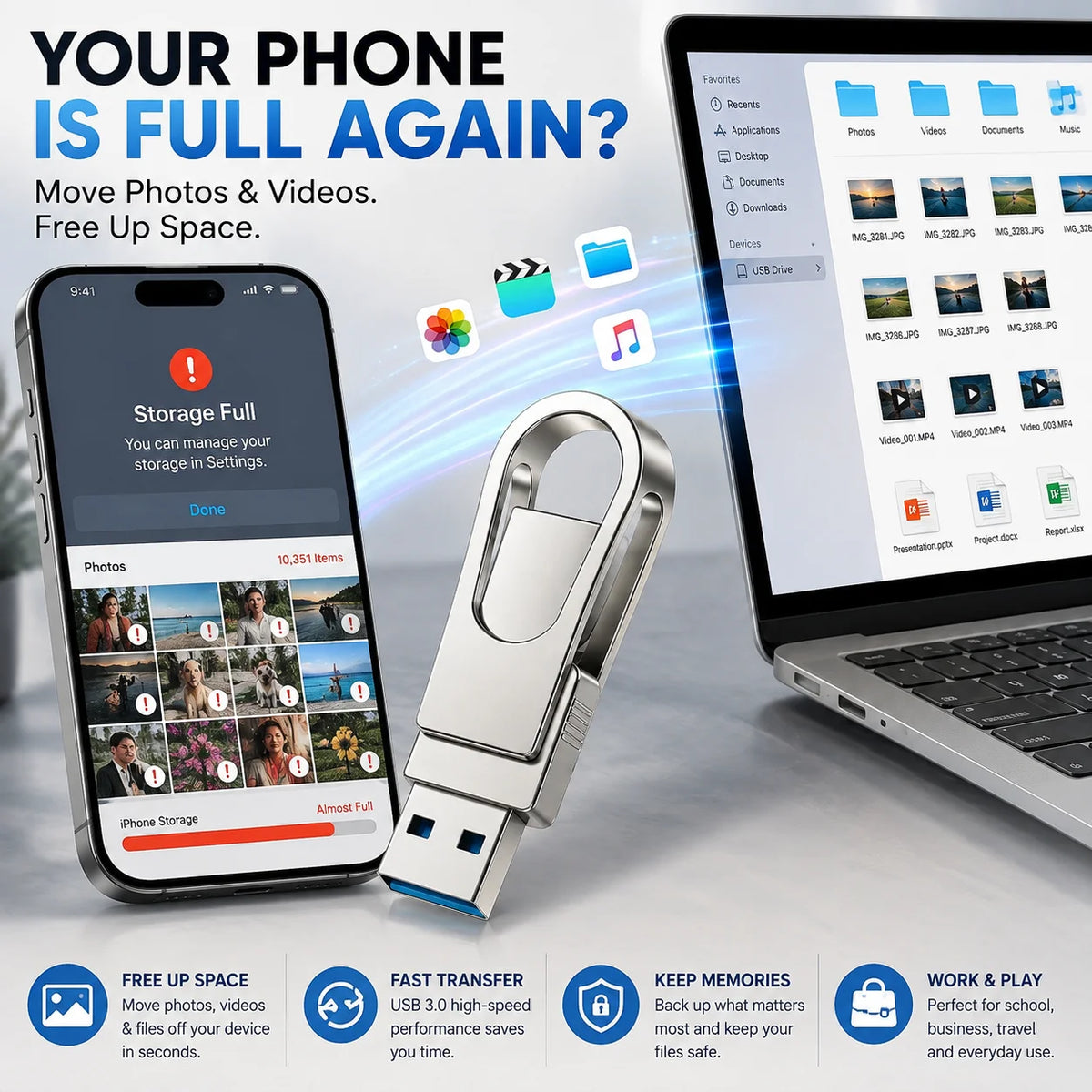 3-in-1 USB Flash Drive – Free Up Space & Move Files Fast