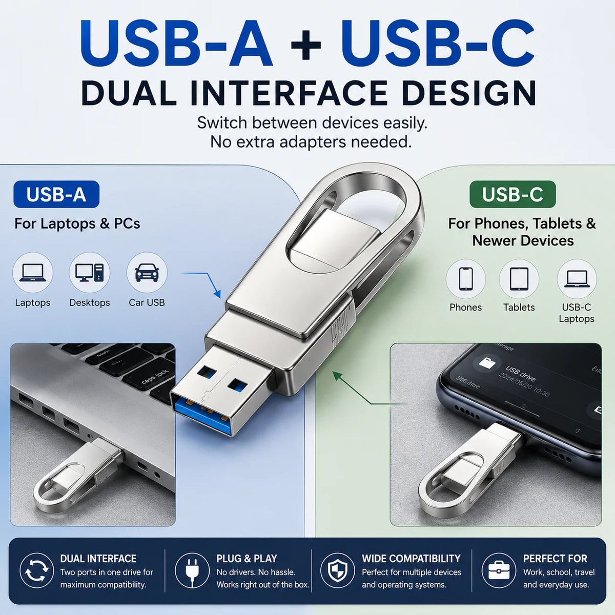 3-in-1 USB Flash Drive – Free Up Space & Move Files Fast