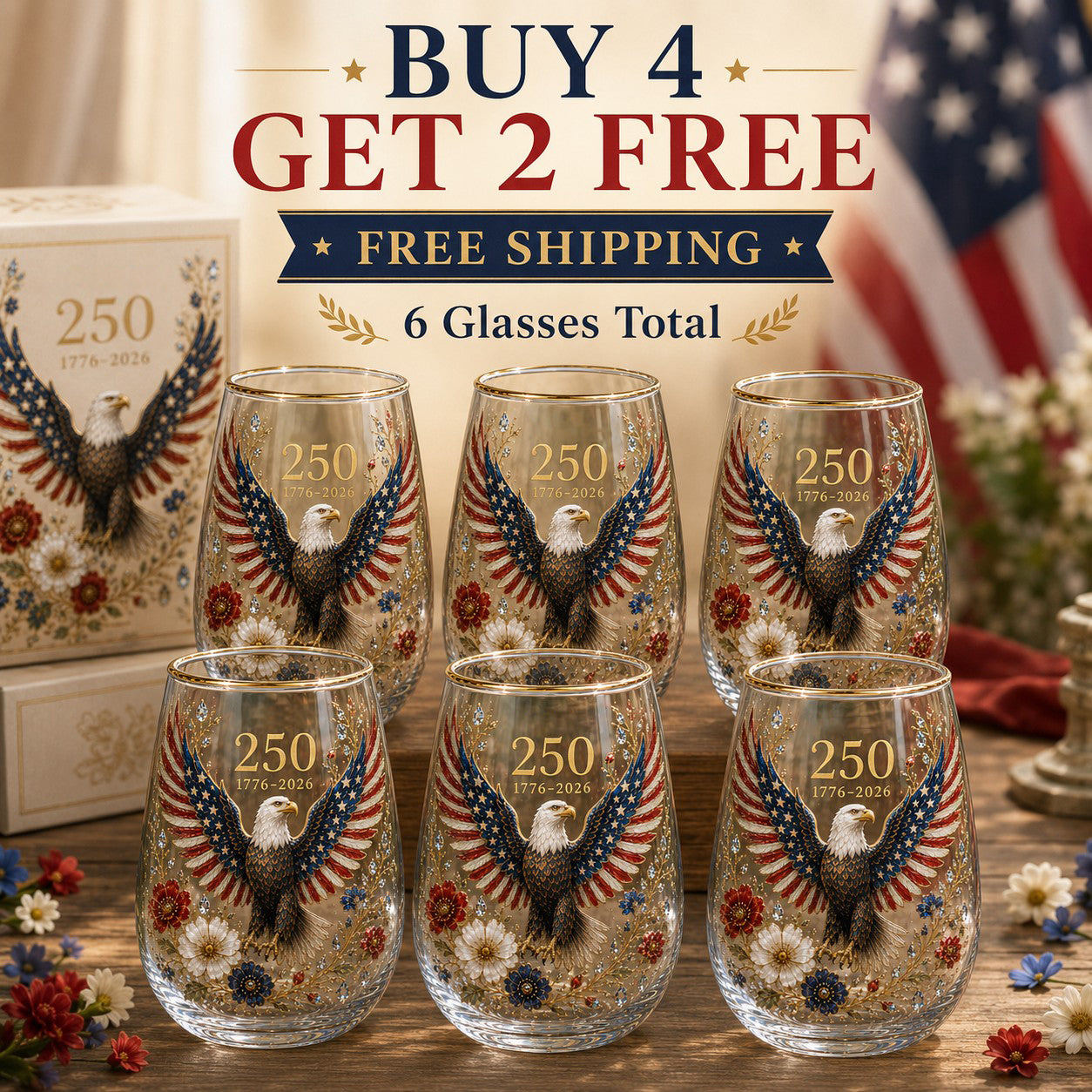 🦅Patriotic Eagle 250th Anniversary-Inspired Glass Tumbler