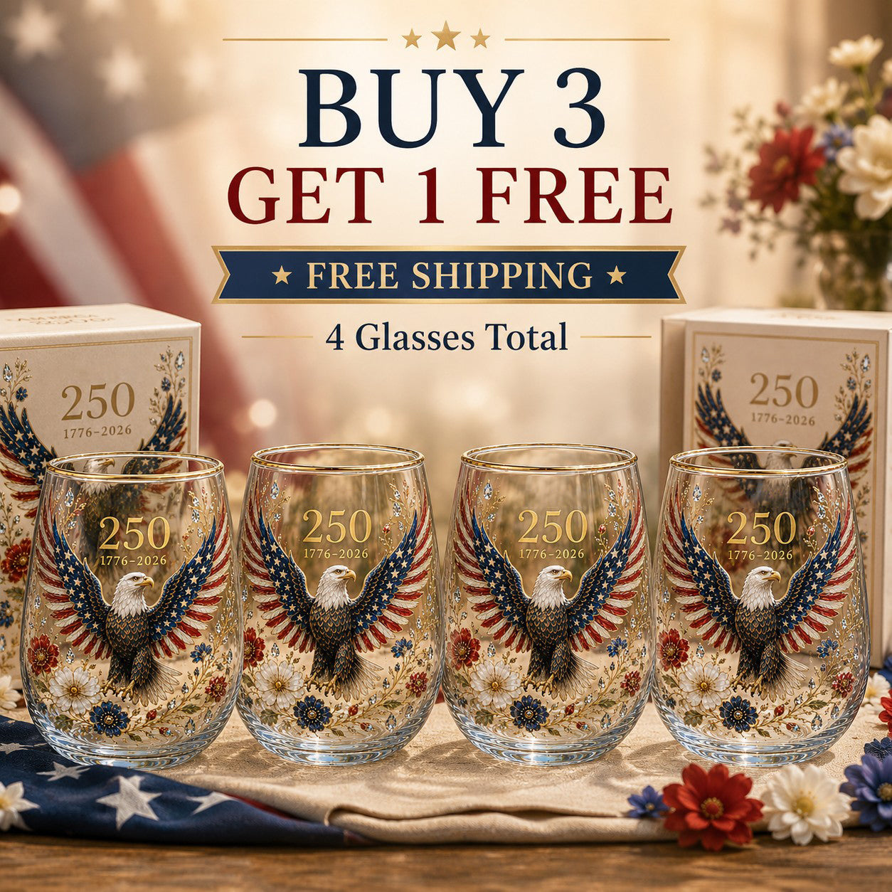 🦅Patriotic Eagle 250th Anniversary-Inspired Glass Tumbler