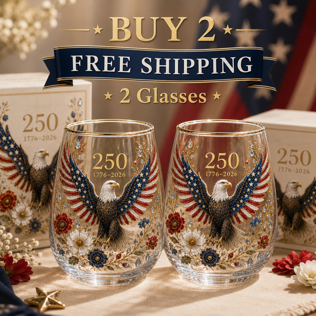 🦅Patriotic Eagle 250th Anniversary-Inspired Glass Tumbler