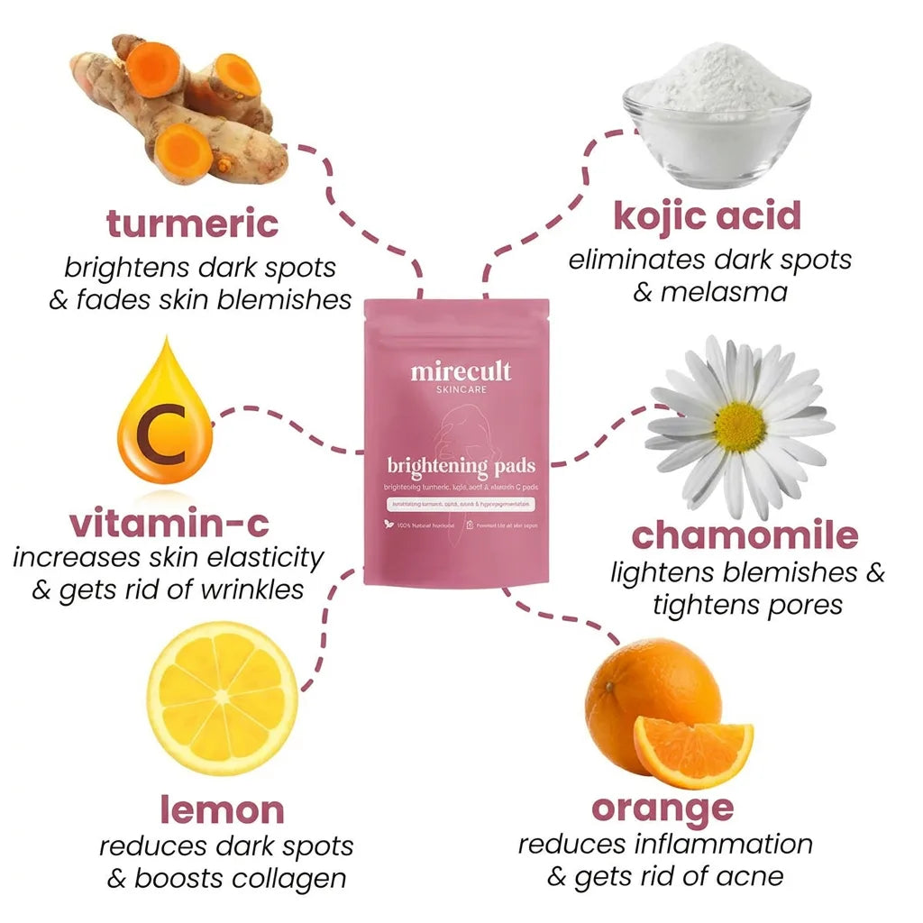 mirecult Brightening Turmeric & Kojic Acid Pads With anti-aging, hydrating, firming, lifting, skin-repairing, and spot-correcting benefits for a more even, clearer complexion.